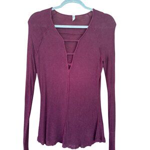 Intimately Free People Burgundy  Blouse Deep V-Neck & Ladder Detail Lightweight